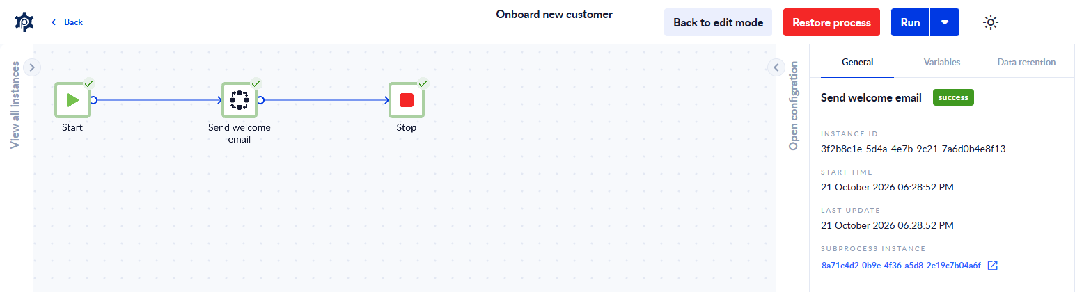 The run details of a parent process with the subprocess run shown as a link