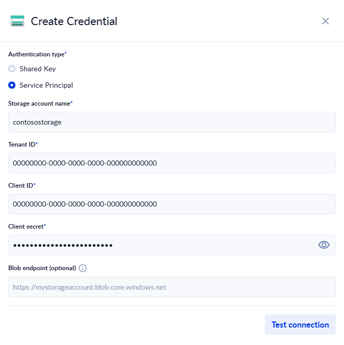 Azure Storage Account credential with Service Principal authentication: storage account name, tenant ID, client ID, client secret and optional blob endpoint