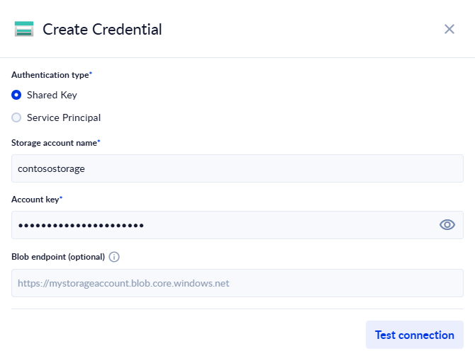 Azure Storage Account credential with Shared Key authentication: storage account name, account key and optional blob endpoint