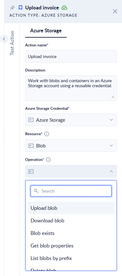 The Azure Storage action properties with Resource set to Blob and the Operation list open