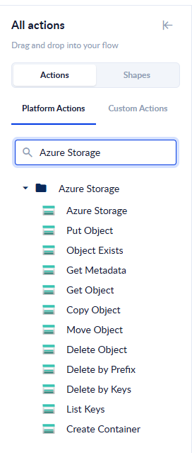 The Process Designer toolbox filtered by "Azure Storage", with the Azure Storage action at the top of the Azure Storage folder