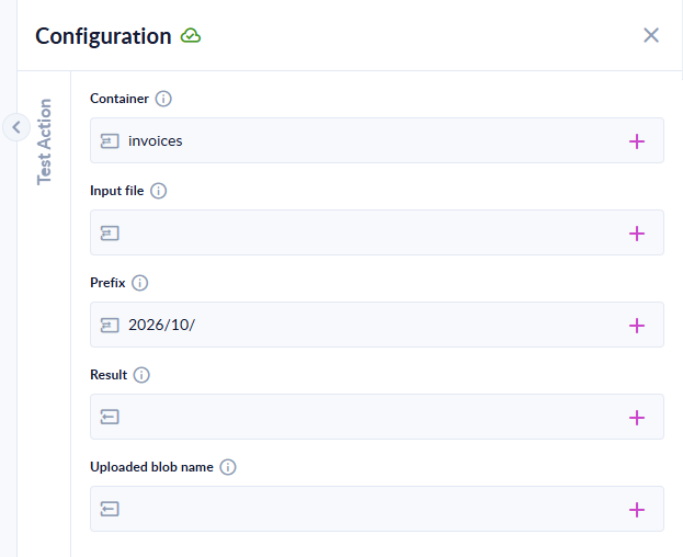 The Upload blob configuration: Container, Input file, an optional Prefix, and the Result and Uploaded blob name outputs