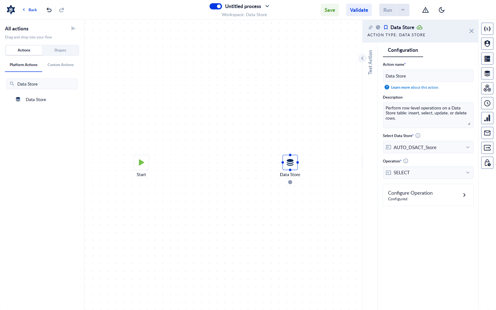 The Data Store action properties panel with a store selected and the Operation dropdown open