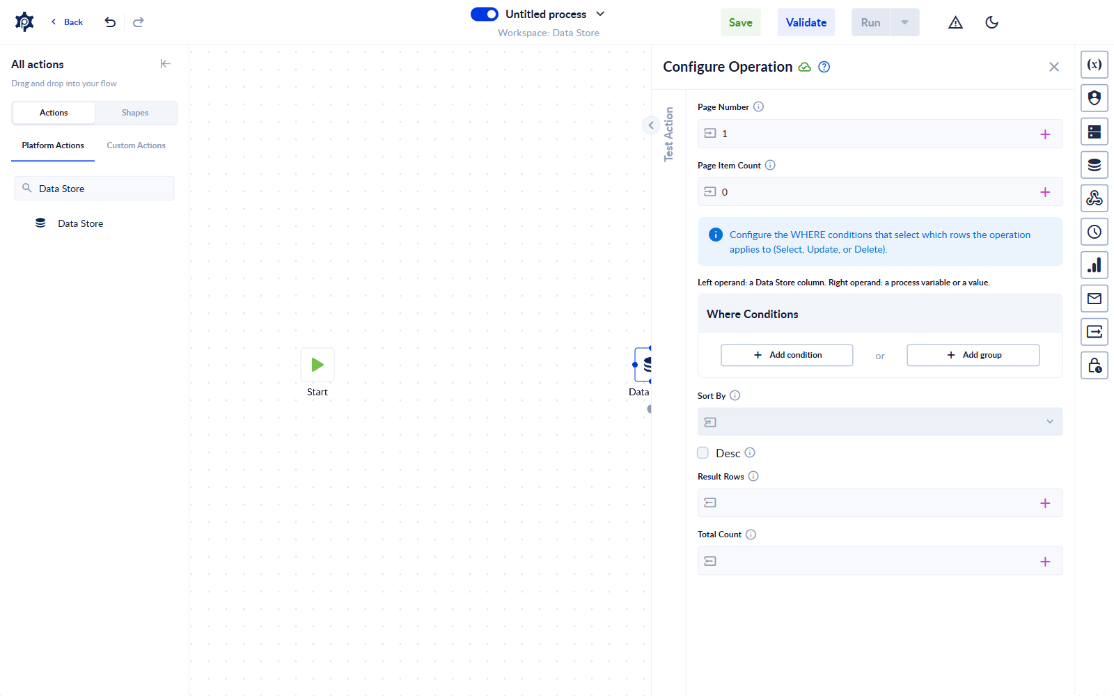 The Configure Operation panel for a Select with paging, Where, sorting and outputs