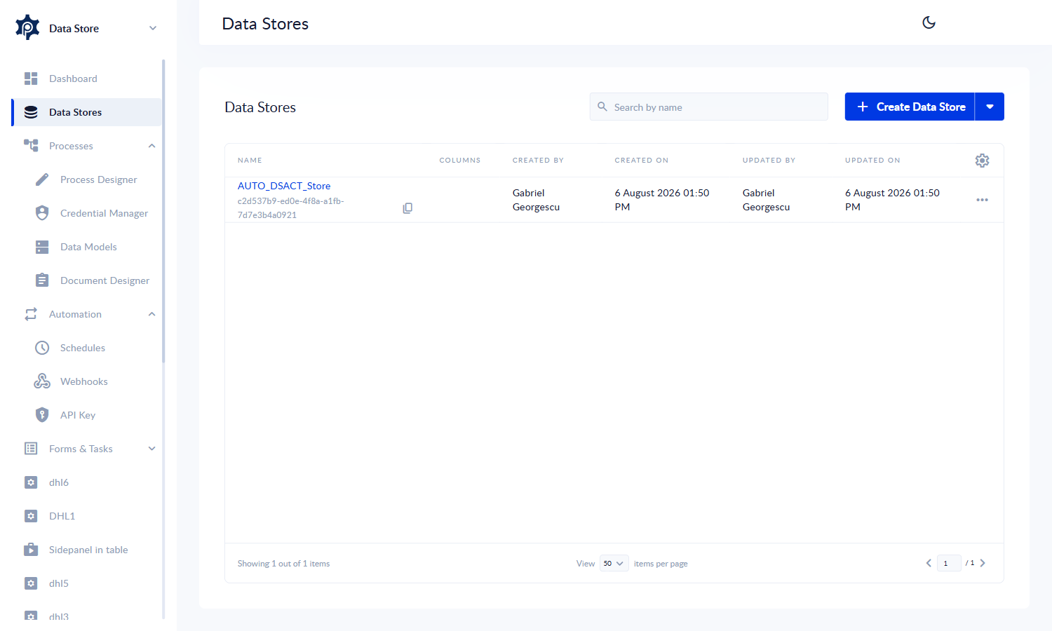 The Data Stores list page, with a Create button in the top-right corner