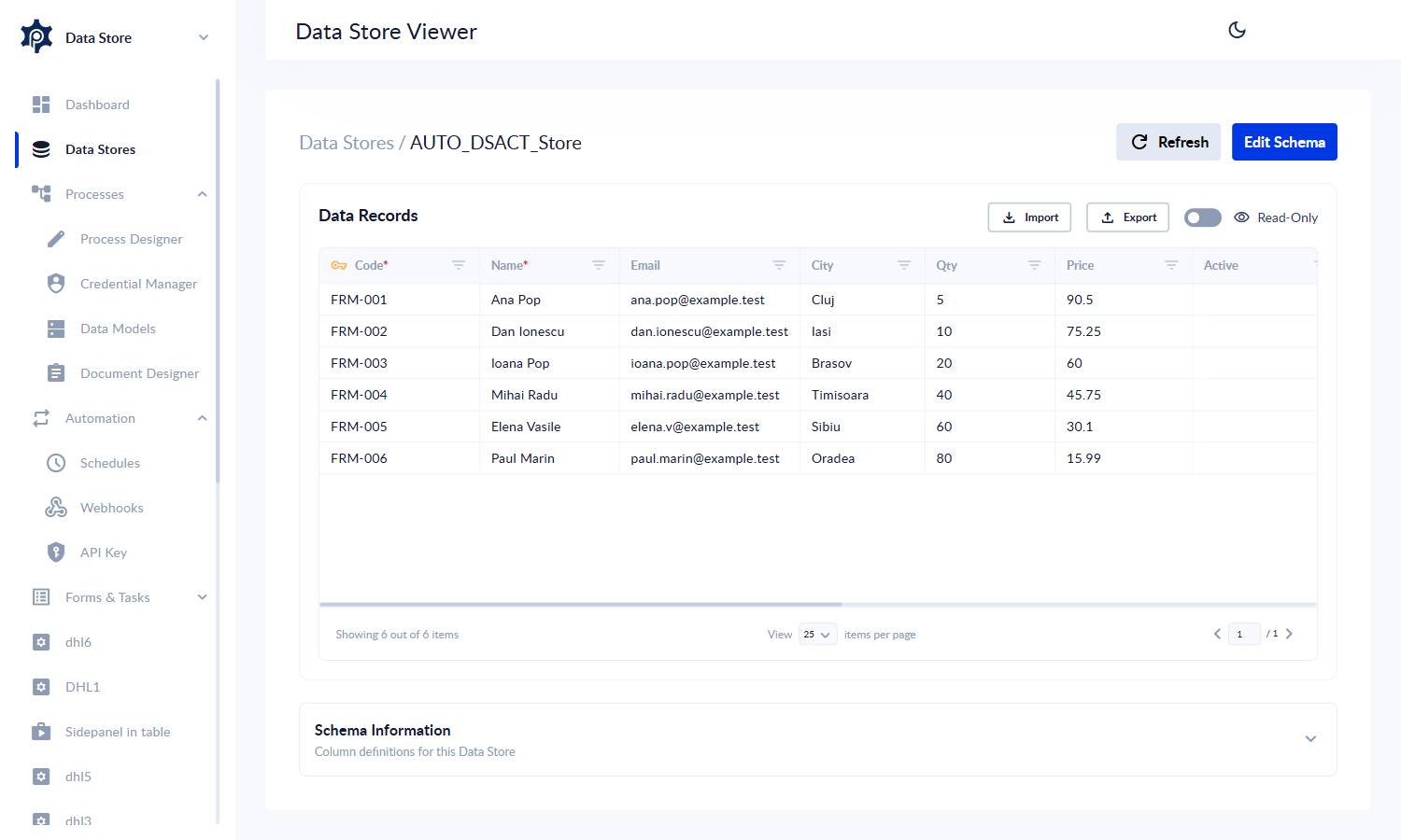 The Data Store viewer showing a grid of rows with typed column headers
