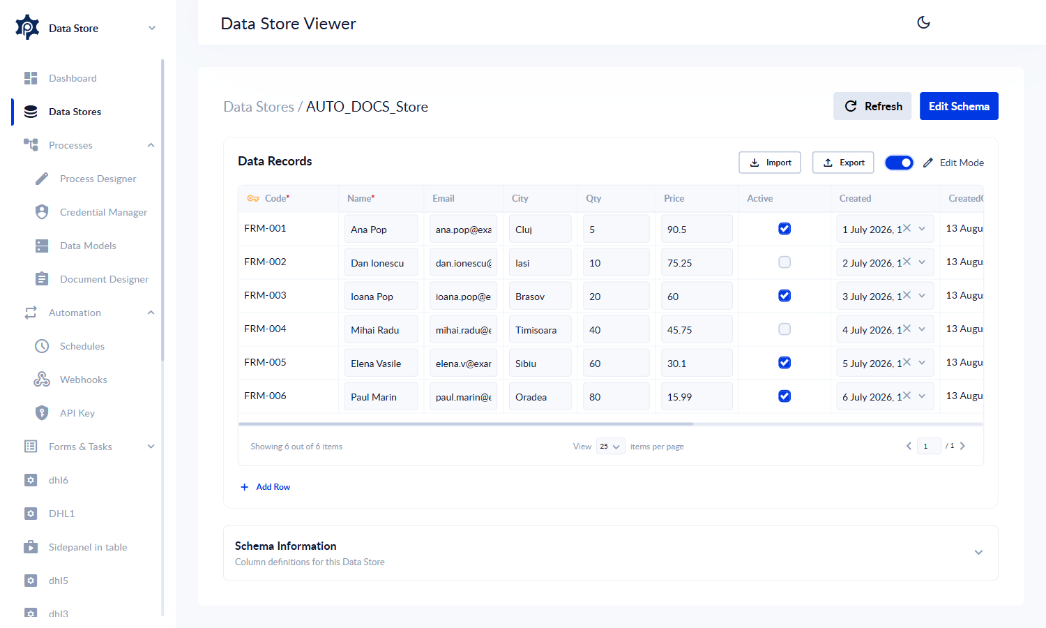 The Data Store grid in Edit Mode: cells rendered as inputs, an Add Row button, and commit/discard actions