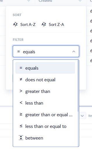 The column filter menu open on a DateTime column, with the operator list expanded