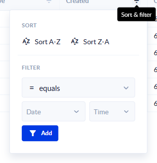 The filter menu on a DateTime column: an operator select plus separate Date and Time pickers