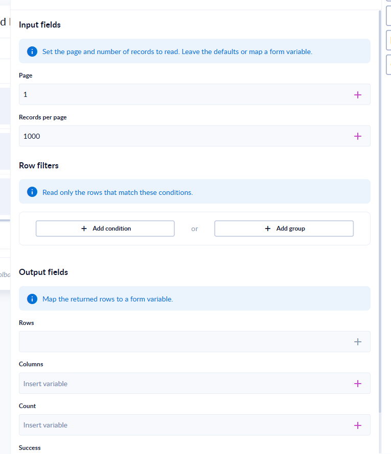 The form builder's Map data side panel with the Row filters section