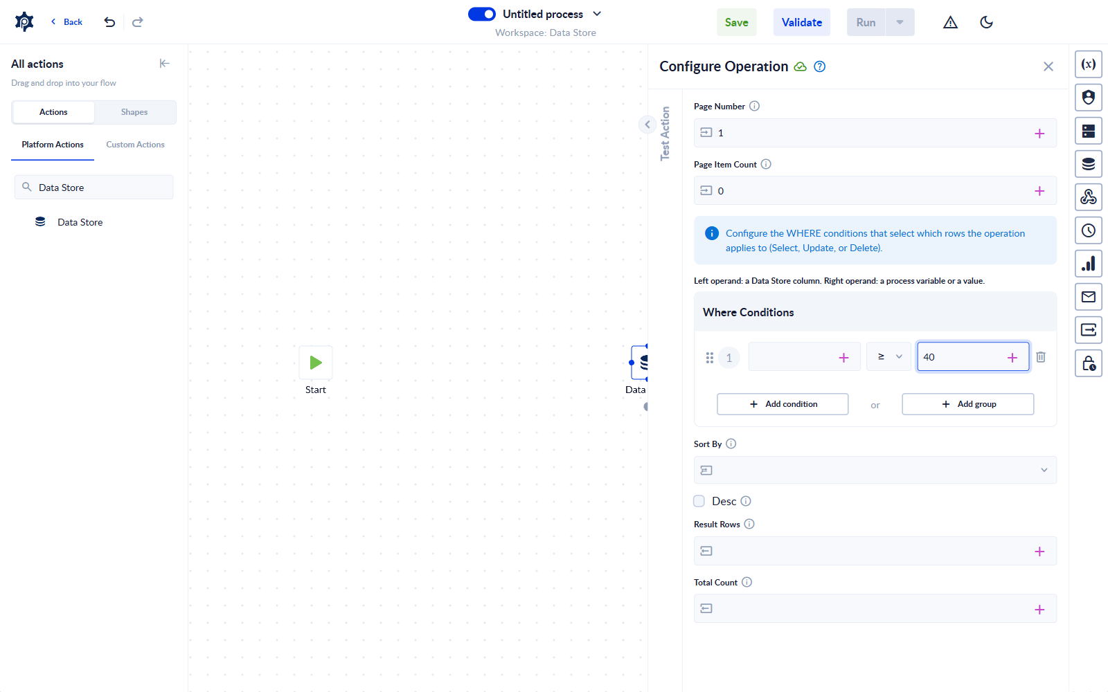 The Configure Operation panel with one Where condition configured on a number column
