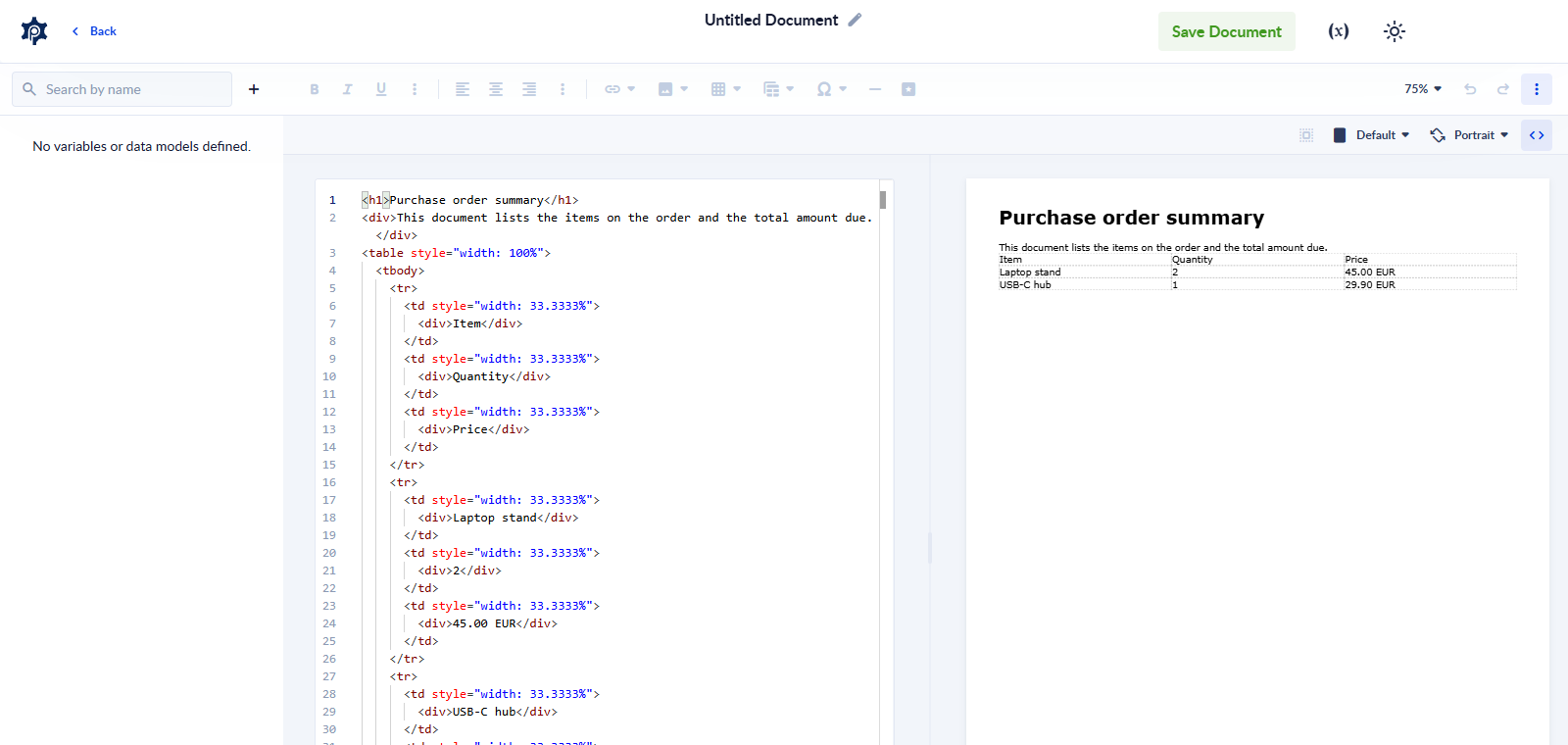 Code View with the template's HTML on the left and the page preview on the right
