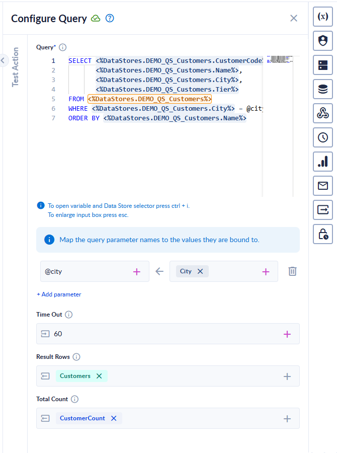 The Configure Query panel with an SQL query that uses Data Store chips