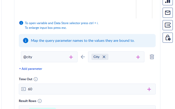 A parameter row: @city on the left, the City variable on the right