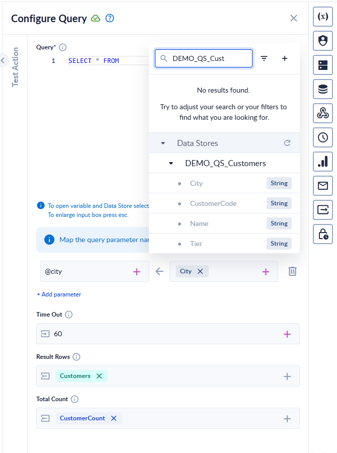 The picker open, filtered to a Data Store with its columns listed