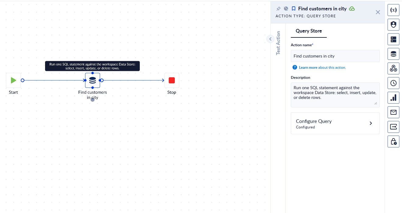 A process with Start, a Query Store action and Stop