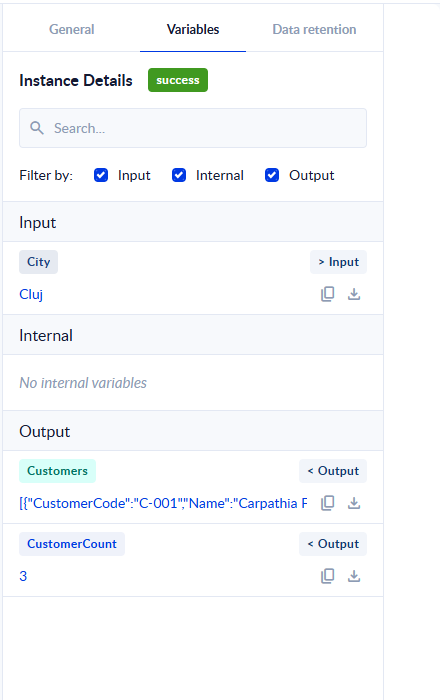 Instance details, Variables tab, with the query results