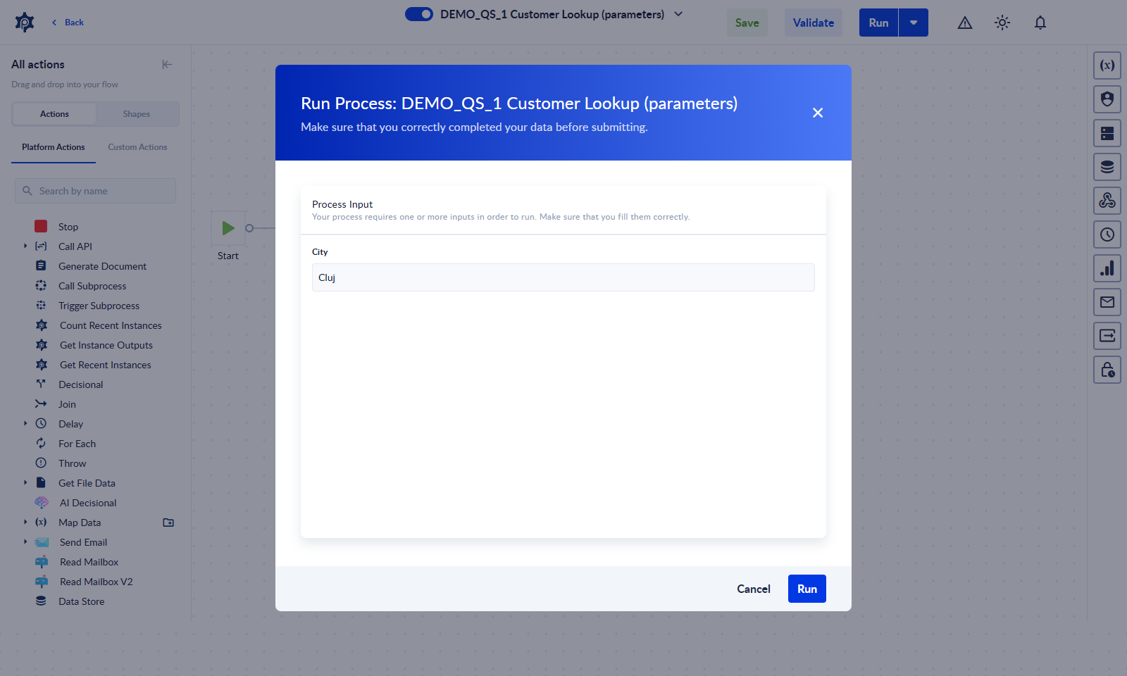 The run dialog asking for the City input