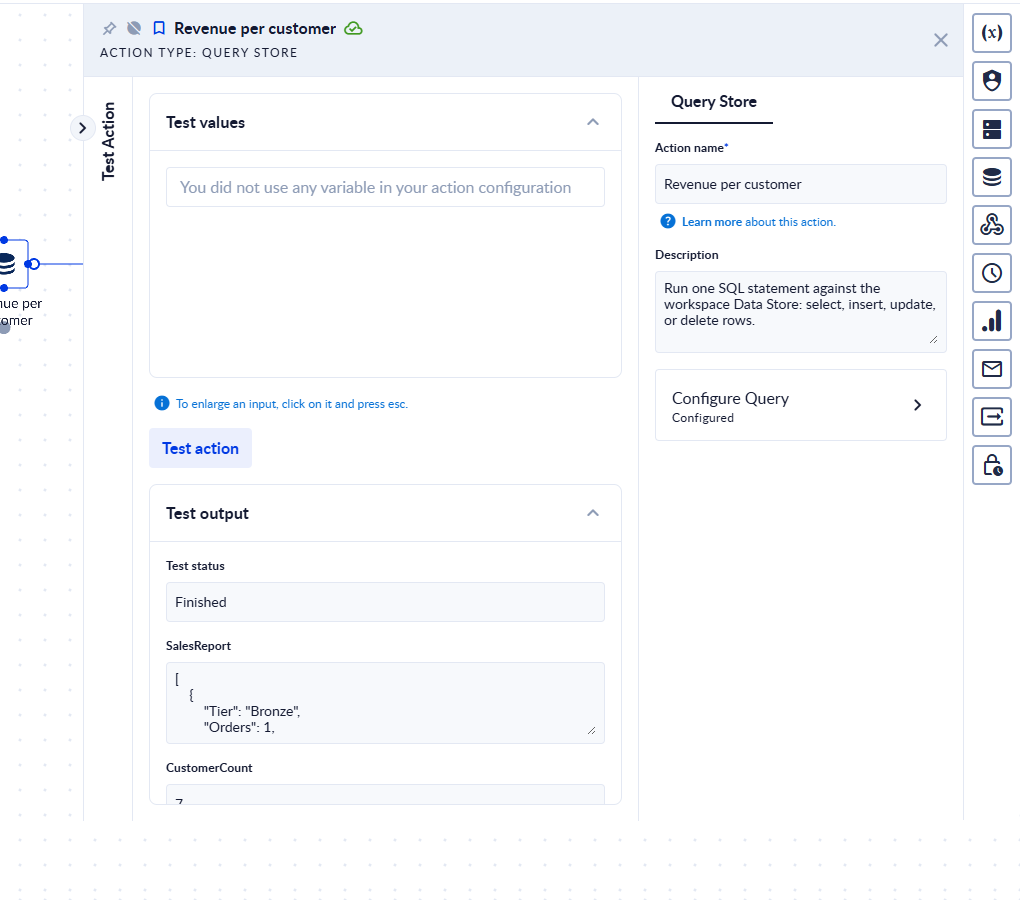 The Test Action pane before and after a test run
