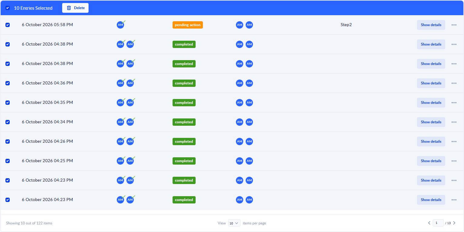 The Submissions list with the header checkbox ticked and the selection bar showing 10 Entries Selected