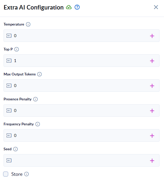 Extra AI Configuration controls model behavior and response limits.