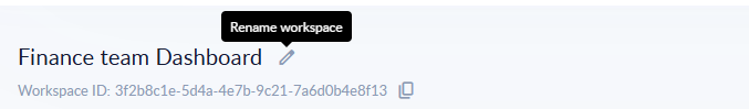 The Dashboard title with the pencil and its Rename workspace tooltip