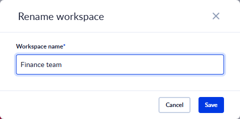 The Rename workspace dialog with a new name typed in