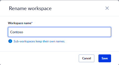 The Rename workspace dialog for a master workspace, with the note that sub-workspaces keep their own names