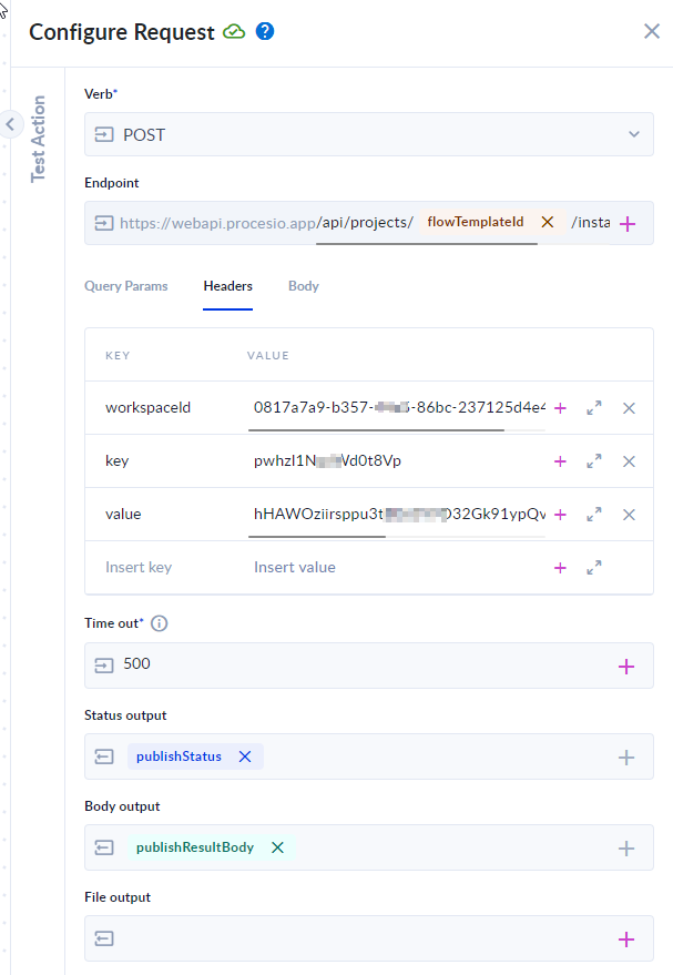 A Post on https://webapi.procesio.app/api/projects/{flowTemplateId}/instance/publish
